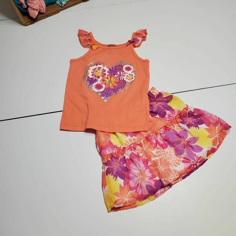 Hart Street Girls Top And Skirt Set Salmon Yellow Floral Heart Sleeveless 4T